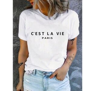 White Graphic French Text Print Tee Shirt Short Sleeve Crew Neck
